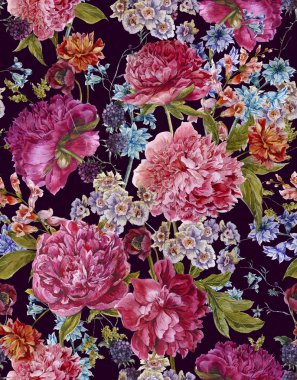 Suluboya Seamless Modeli bordo Peonies Vintage tarzı ile