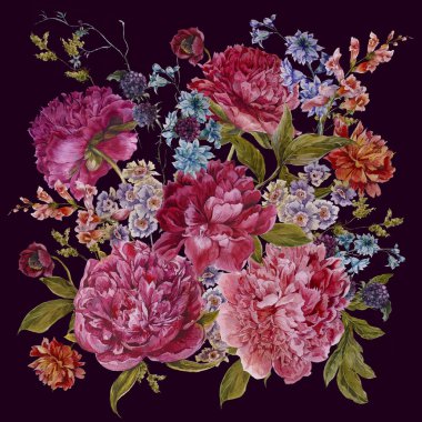 Bordo Peonies Vintage tarzı ile suluboya çiçek buketi
