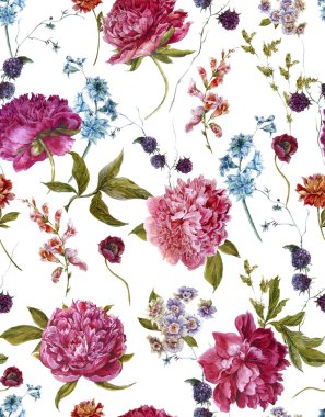 Suluboya Seamless Modeli bordo Peonies Vintage tarzı ile
