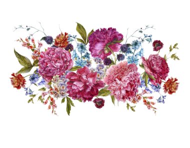 Bordo Peonies Vintage tarzı ile suluboya çiçek buketi