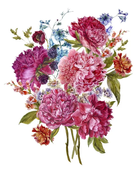 Akvarell blommig bukett med vinrött pioner i Vintage stil — Stockfoto