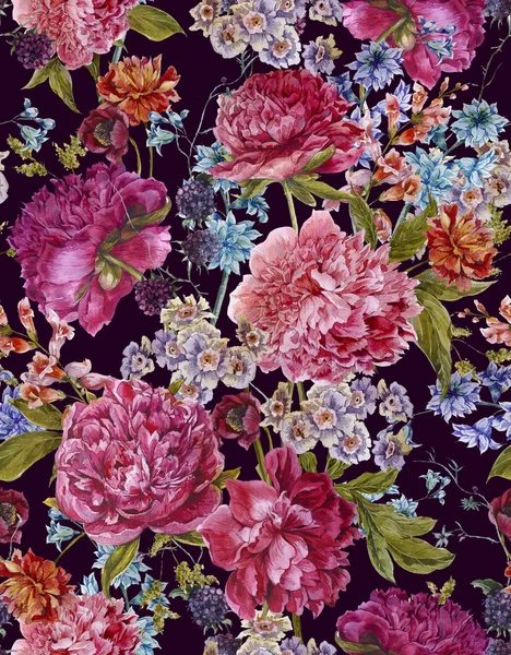 Motif sans couture aquarelle avec pivoines bourguignonnes dans un style vintage — Photo