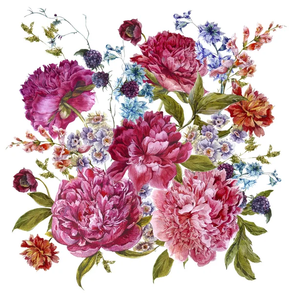 Акварельный цветочный букет с бургундскими пионами в винтажном стиле — стоковое фото