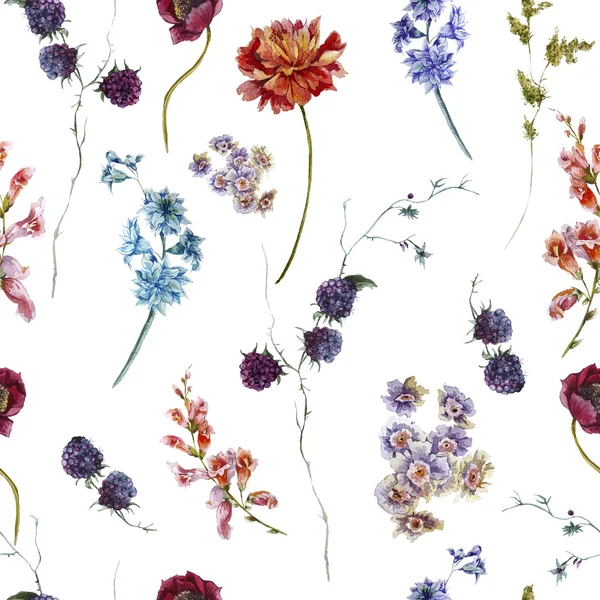 Acquerello modello floreale senza soluzione di continuità con fiori selvatici — Foto Stock