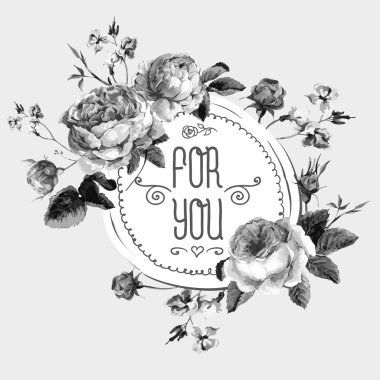 Vintage suluboya yuvarlak çerçeve çiçek İngilizce Güllü