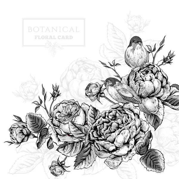 Tarjeta floral de estilo vintage con rosas y pájaros ingleses florecientes — Vector de stock