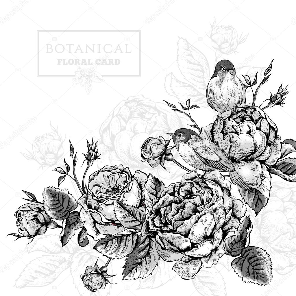 Floral card in vintage style with blooming english roses and birds