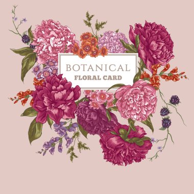 Çiçek açan Peonies ile Vintage tebrik kartı