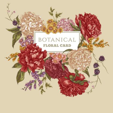 Çiçek açan Peonies ile Vintage tebrik kartı