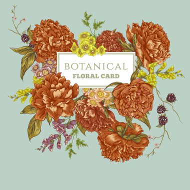 Çiçek açan Peonies ile Vintage tebrik kartı