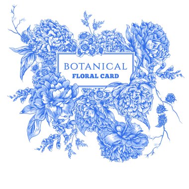 Mavi Peonies ile Vintage tebrik kartı