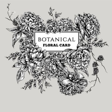 Siyah ve beyaz çiçek açan Peonies Vintage kartıyla