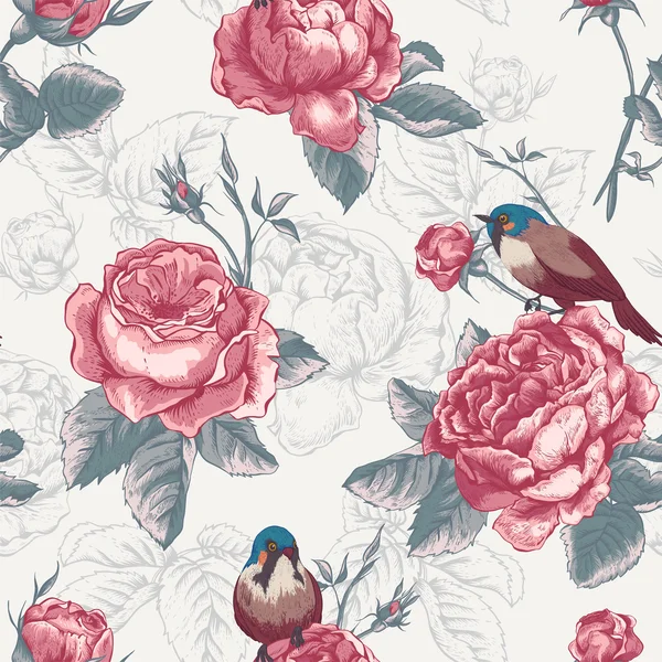 Motif floral sans couture botanique avec des roses et des oiseaux — Image vectorielle