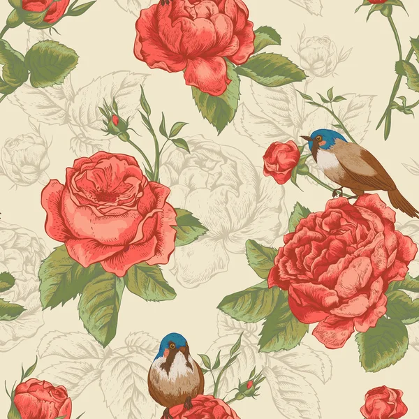 Motif floral sans couture botanique avec des roses et des oiseaux — Image vectorielle