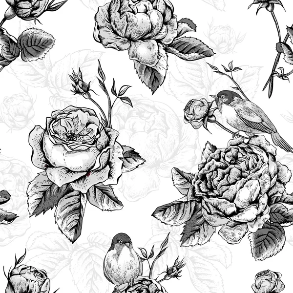 Patrón sin costura floral con rosas y pájaros — Archivo Imágenes Vectoriales