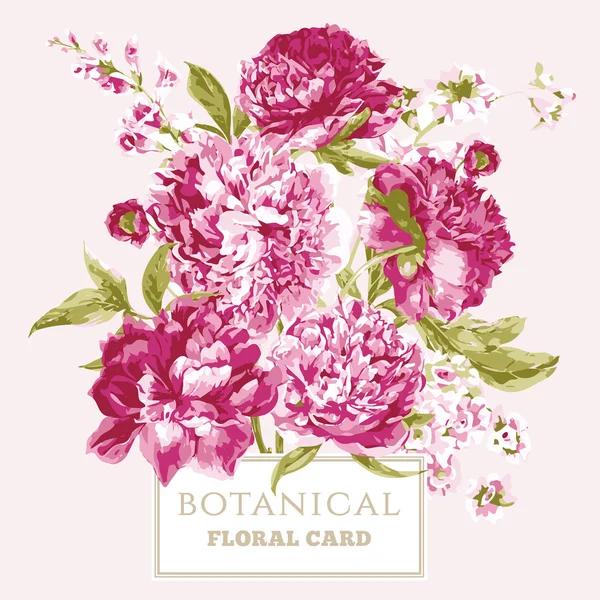 Cartão de saudação floral vintage com peônias florescentes — Vetor de Stock