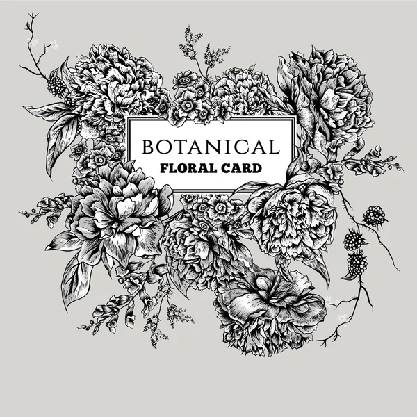 Siyah ve beyaz çiçek açan Peonies Vintage kartıyla