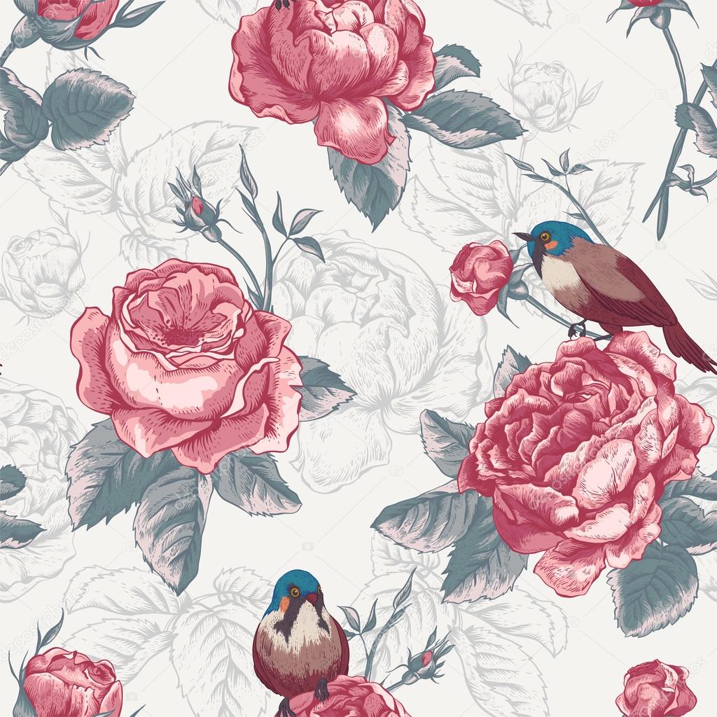 Botanical floral seamless pattern with roses and birds