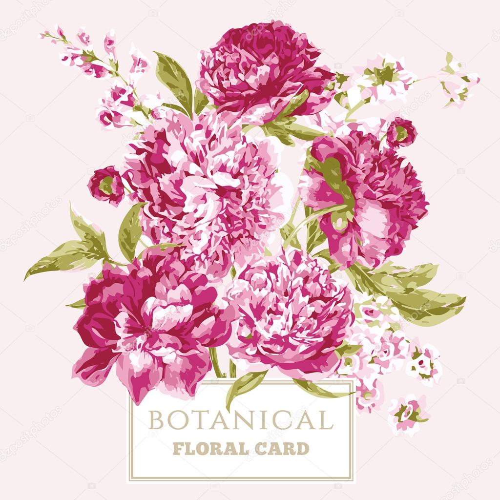 Vintage Floral Greeting Card with Blooming Peonies