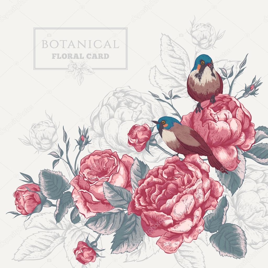 Botanical floral card with roses and birds