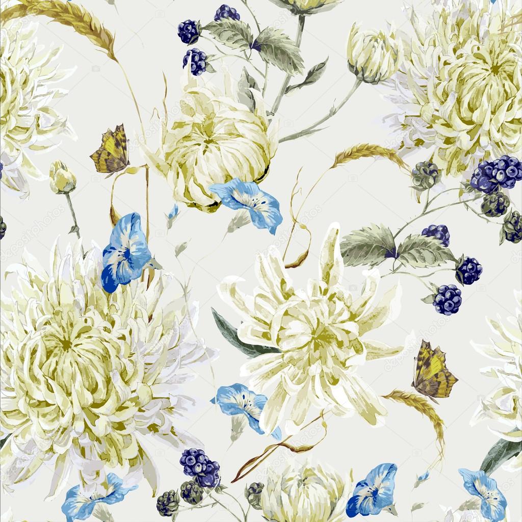 Vintage Floral Seamless Pattern with Chrysanthemums