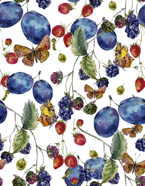 Autumn harvest watercolor seamless pattern with fruits and butte — Stock Photo, Image