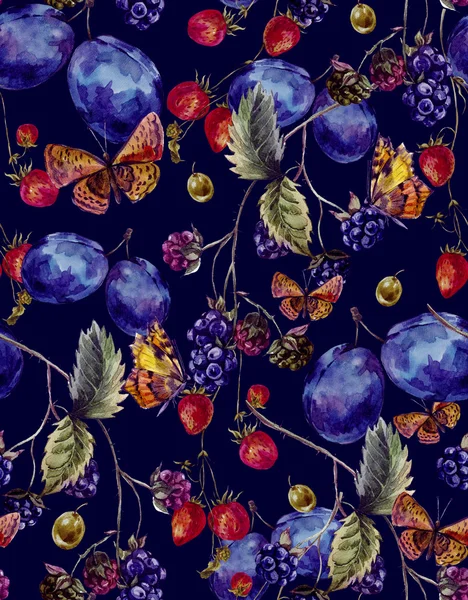 Autumn harvest watercolor seamless pattern with fruits and butte
