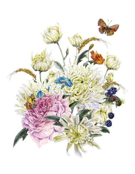 Watercolor Card with Chrysanthemums — Stock Photo, Image