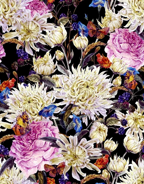 Aquarel Floral naadloze achtergrond met chrysanten — Stockfoto