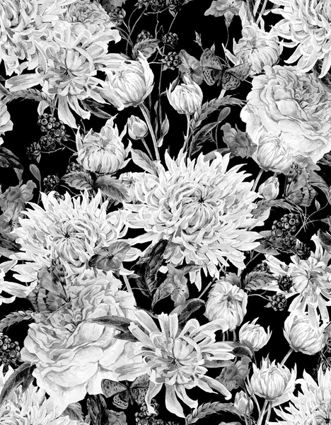 Aquarel monochroom Floral naadloze achtergrond met Chrysanth — Stockfoto