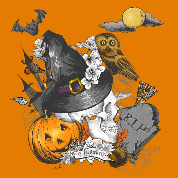 Carte d'invitation d'Halloween dessinée à la main vintage avec crâne — Image vectorielle