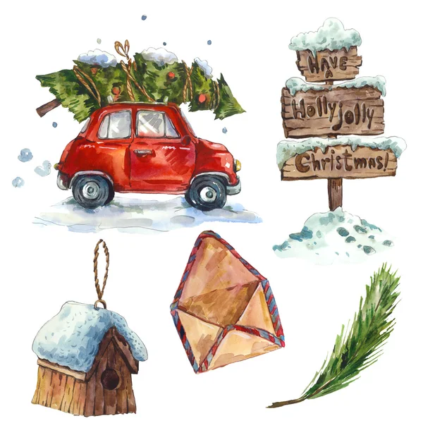 Akvarell vintage Christmas set, holiday illustration — Stockfoto
