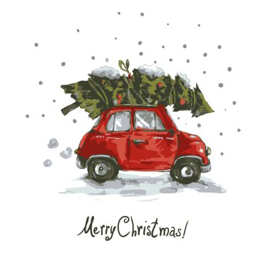 Vintage vector winter greeting card with red retro car clipart