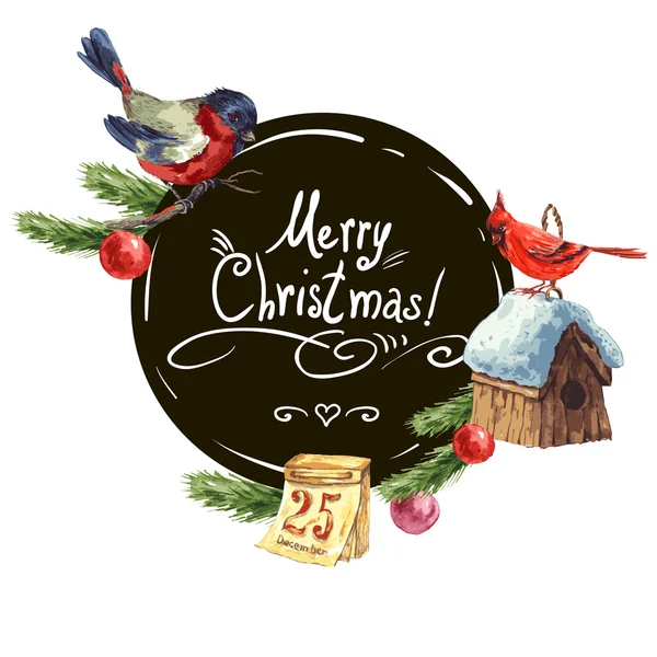 Ευχετήρια κάρτα με κακκινολαιμής, Birdhouse χριστουγεννιάτικο δέντρο — Διανυσματικό Αρχείο