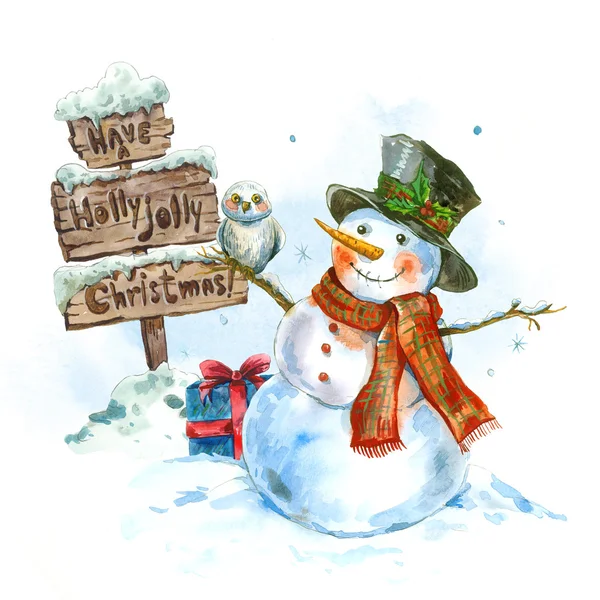 Watercolor greeting card with snowman — Stock Photo, Image