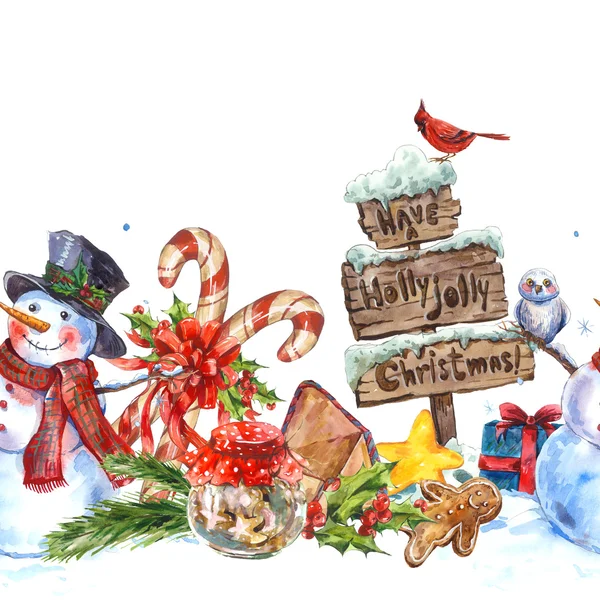 Watercolor Christmas seamless border with snowman — Stock Photo, Image