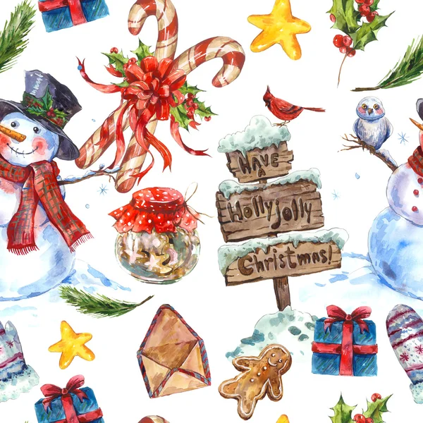 Watercolor Christmas seamless pattern with snowman, sweets candy — Stock Photo, Image