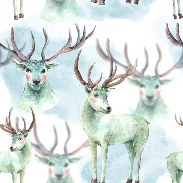 Akvarel vánoční bezešvé vzor s sníh bílý jelen — Stock fotografie
