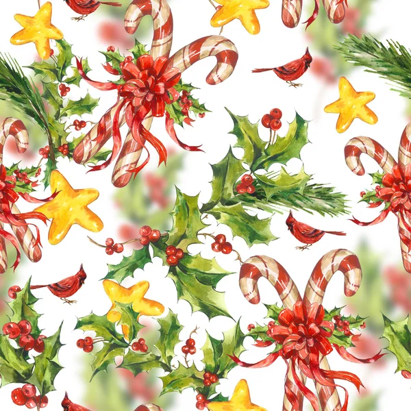 Watercolor Christmas seamless pattern with sweets candy, stars, — Stock Photo, Image