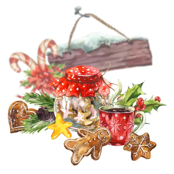Акварель Різдвяний безшовний візерунок з печивом, чашкою чаю — стокове фото