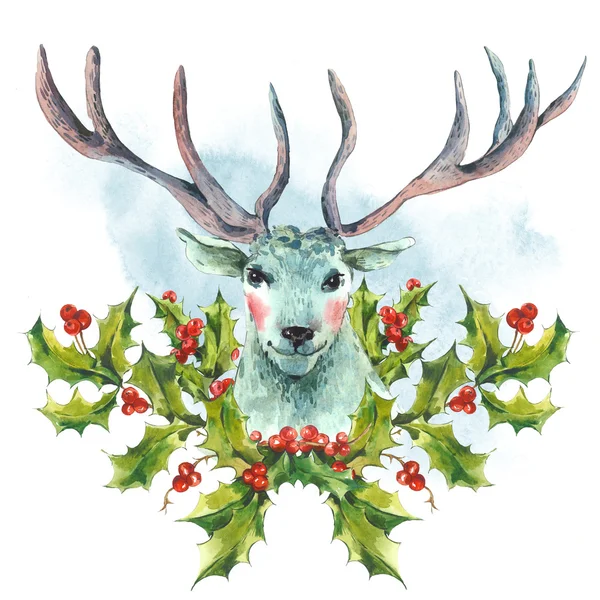 Reindeer Holly Wreath Winter Holiday Deer Antlers Snow Berries Off White Green 