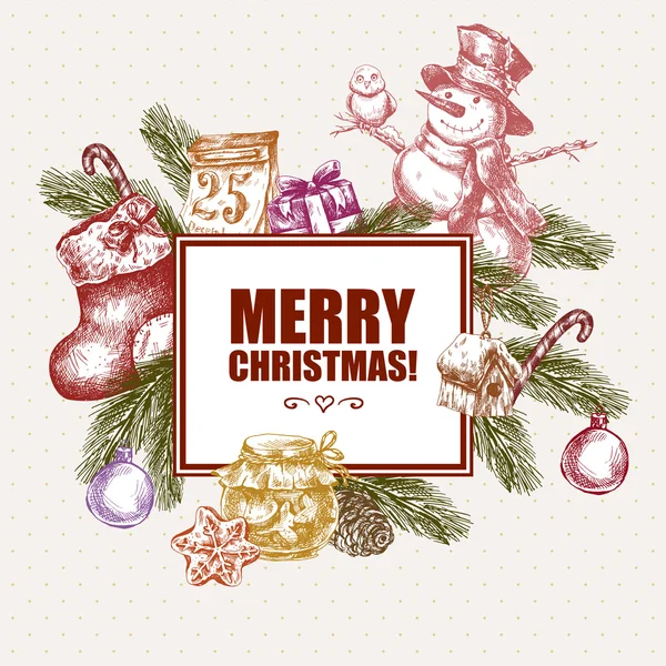 Tarjeta de felicitación dibujada a mano de invierno con elementos navideños — Vector de stock