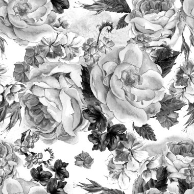 Floral Monochrome Vintage Seamless Pattern, watercolor illustrat