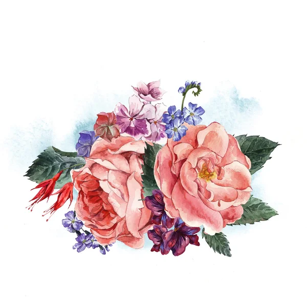Floral Vintage Greeting Card, watercolor illustration. — 图库照片