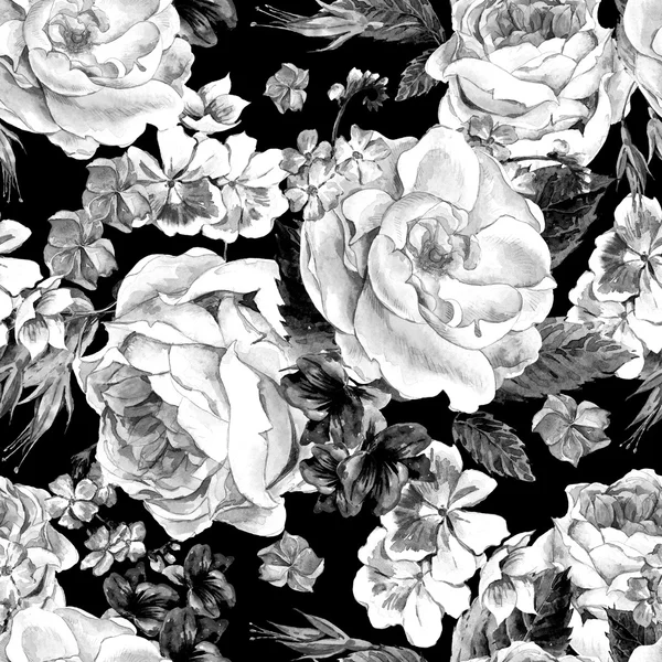 Floral Monochrome Vintage Seamless Pattern, watercolor illustrat — Stock Photo, Image