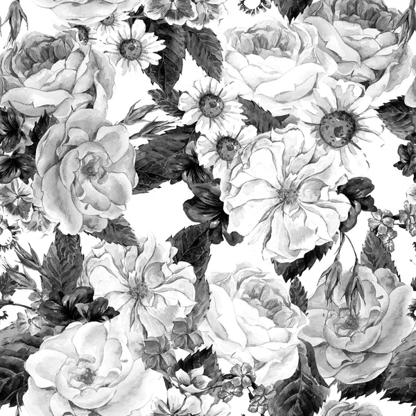 Floral Monochrome Vintage Seamless Pattern, watercolor illustrat — Φωτογραφία Αρχείου