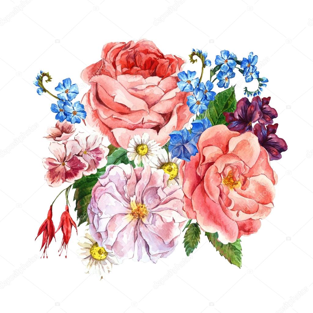 Floral Vintage Greeting Card, watercolor illustration.