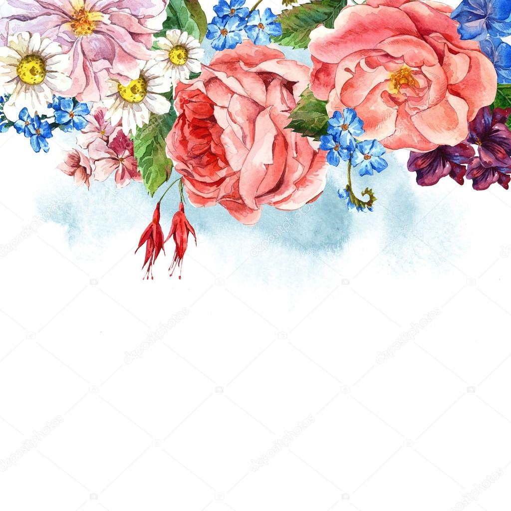 Floral Vintage Greeting Card, watercolor illustration.