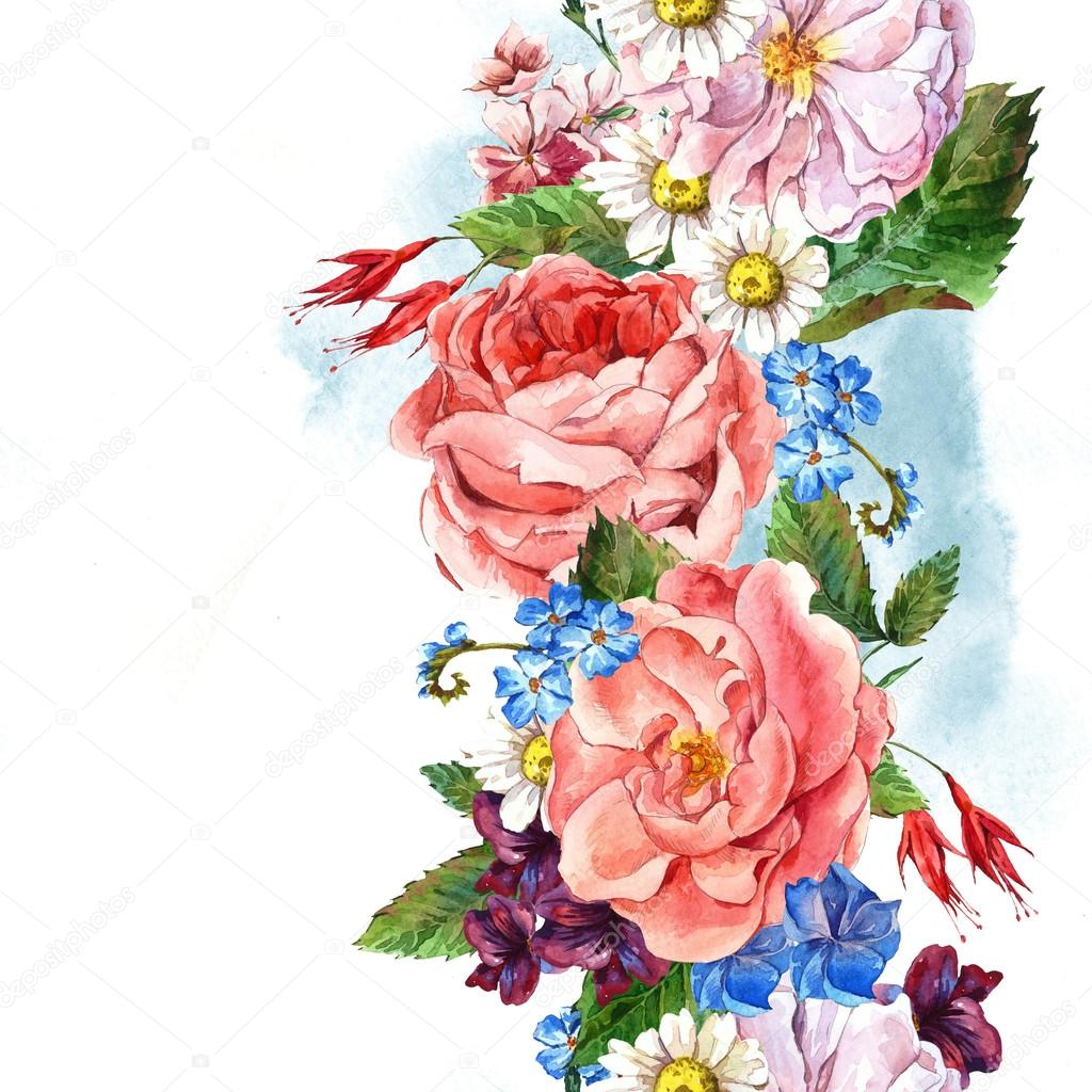 Floral Vintage Seamless Border, watercolor illustration.