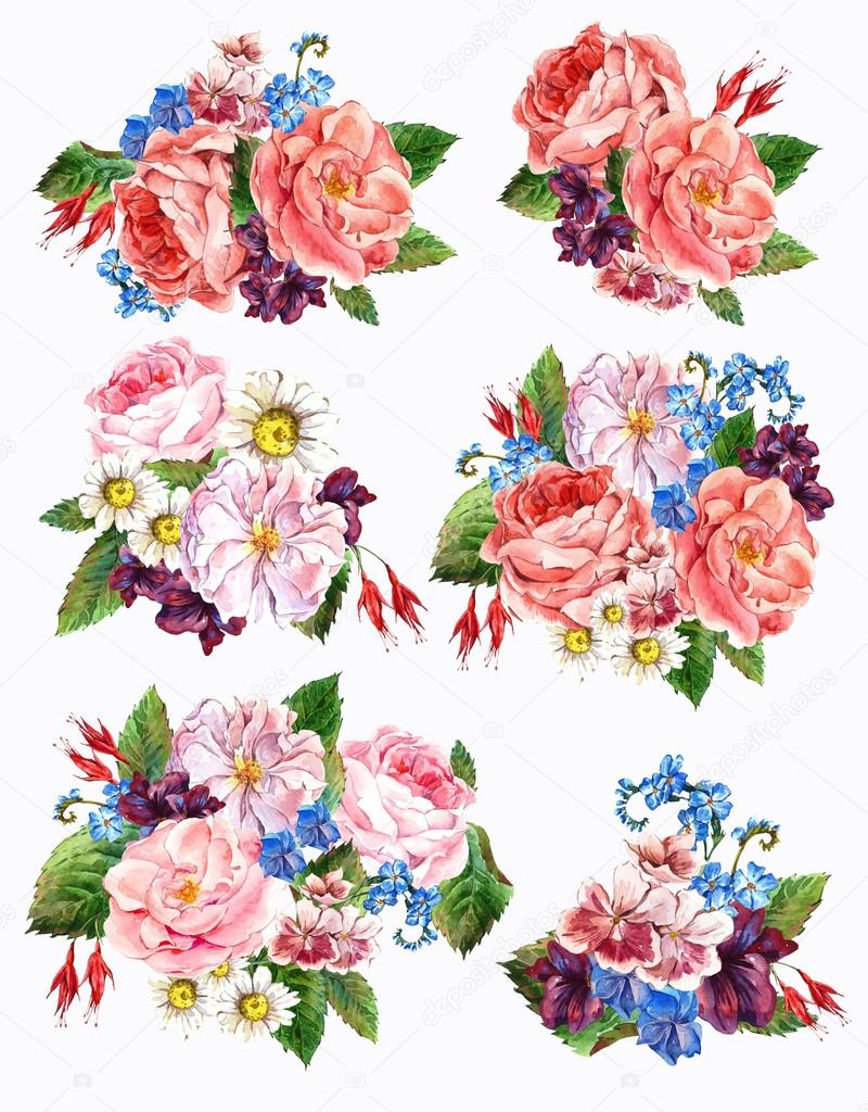 Set vintage watercolor bouquet of roses and wildflowers, waterco